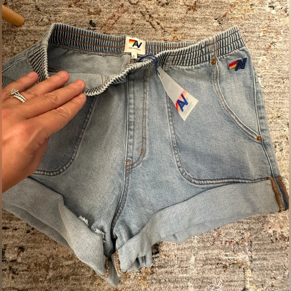 Aviator Nation Hi Rise Skater Cutoff Check Back Pocket Denim Shorts NWT - Picture 7 of 7
